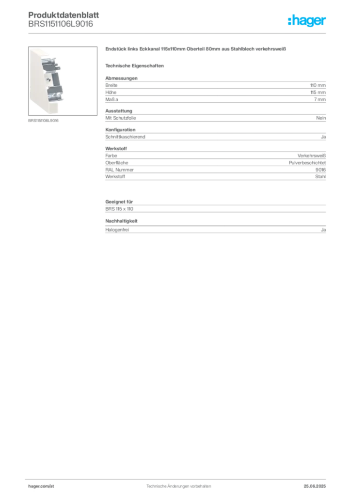 Bild Hager Produktdatenblatt BRS1151106L9016 | Hager Deutschland