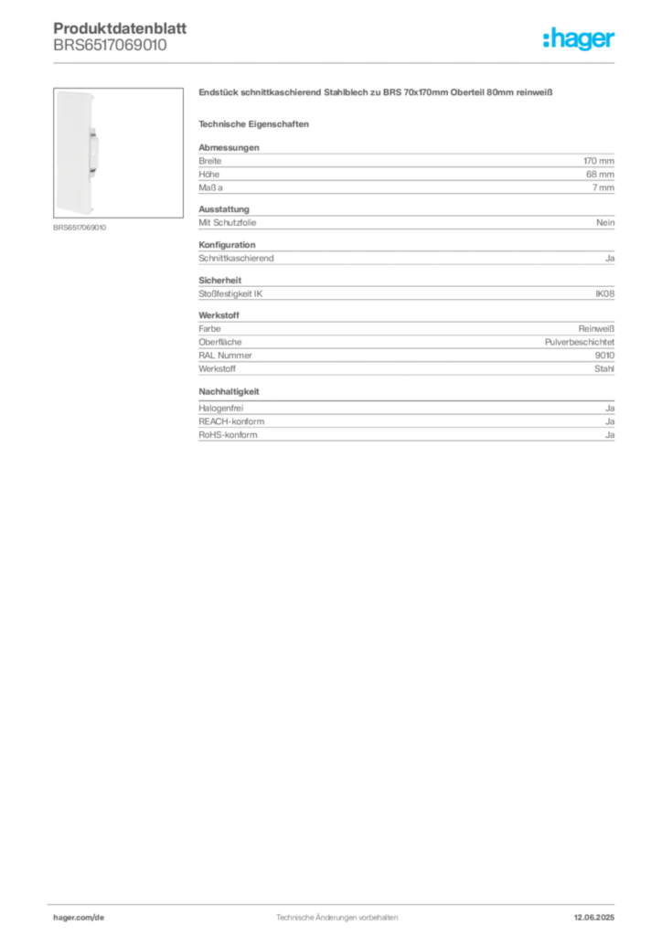 Bild Hager Produktdatenblatt BRS6517069010 | Hager Deutschland