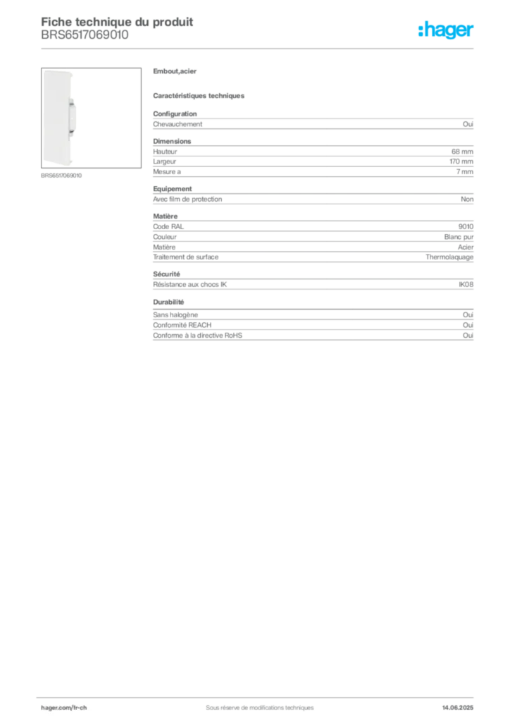 Image Hager Fiche technique du produit BRS6517069010 | Hager Suisse