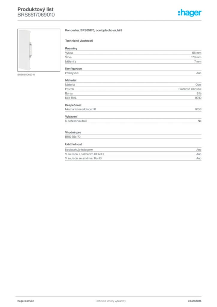 Obrázek Hager Produktový list BRS6517069010 | Hager