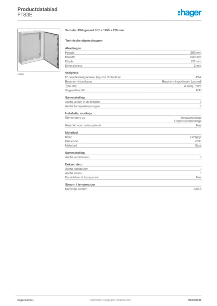 Afbeelding Hager Productdatablad FT83E | Hager Nederland