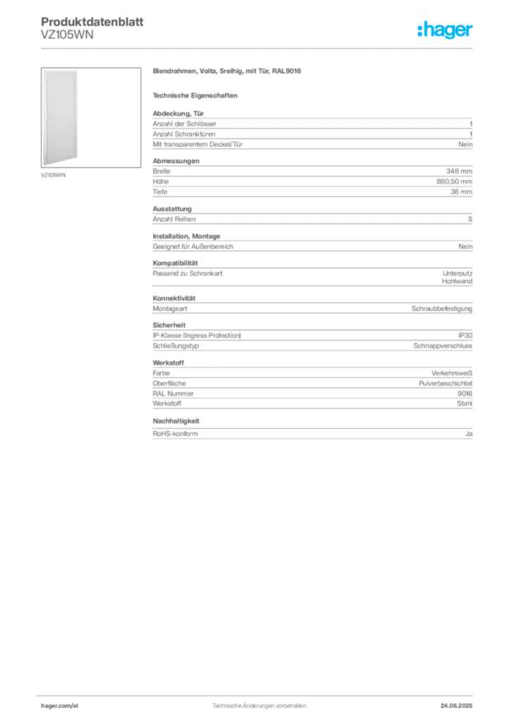 Bild Hager Produktdatenblatt VZ105WN | Hager Deutschland