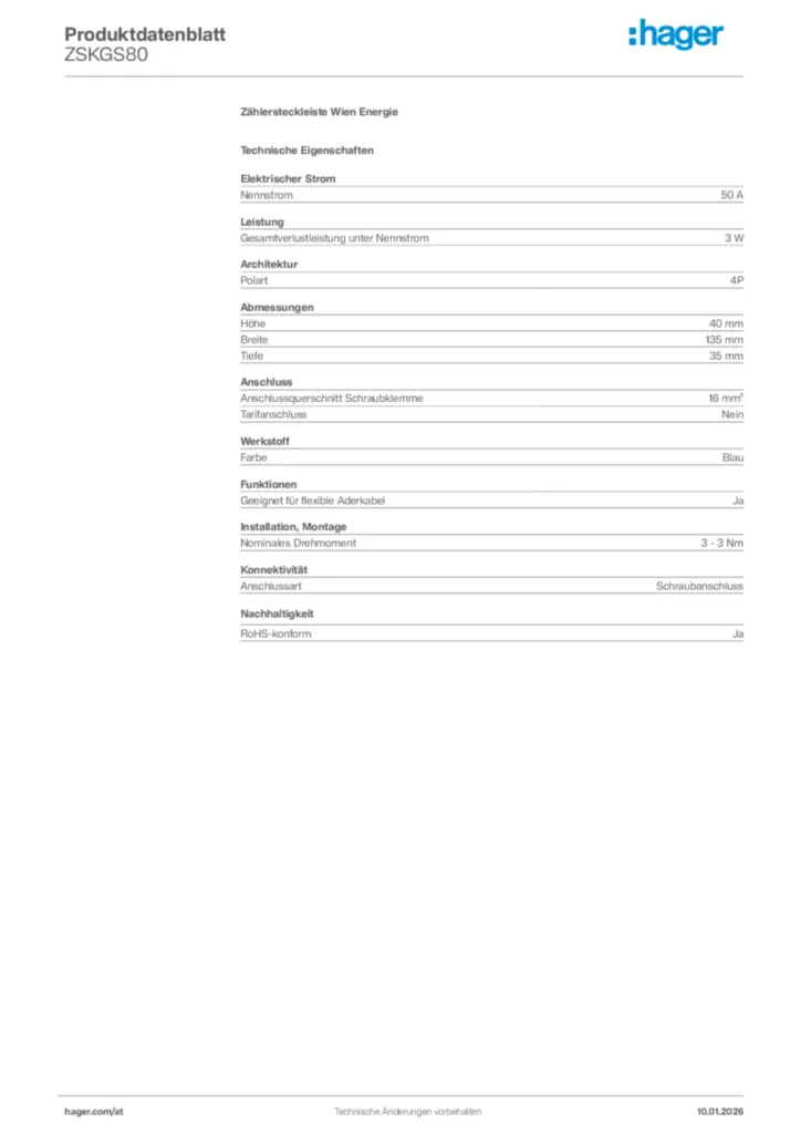 Bild Hager Produktdatenblatt ZSKGS80 | Hager Deutschland