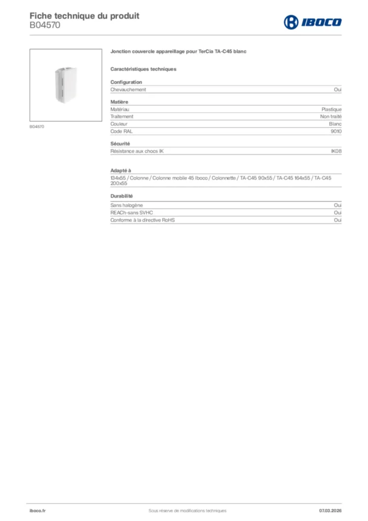 Image Iboco Fiche technique du produit B04570 | Hager France