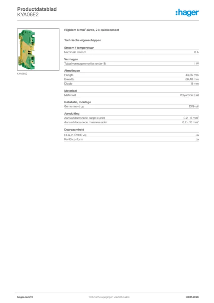 Afbeelding Hager Productdatablad KYA06E2 | Hager Nederland