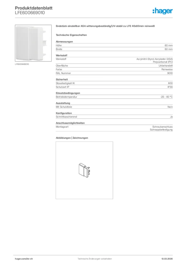 Bild Hager Produktdatenblatt LFE600669010 | Hager Schweiz