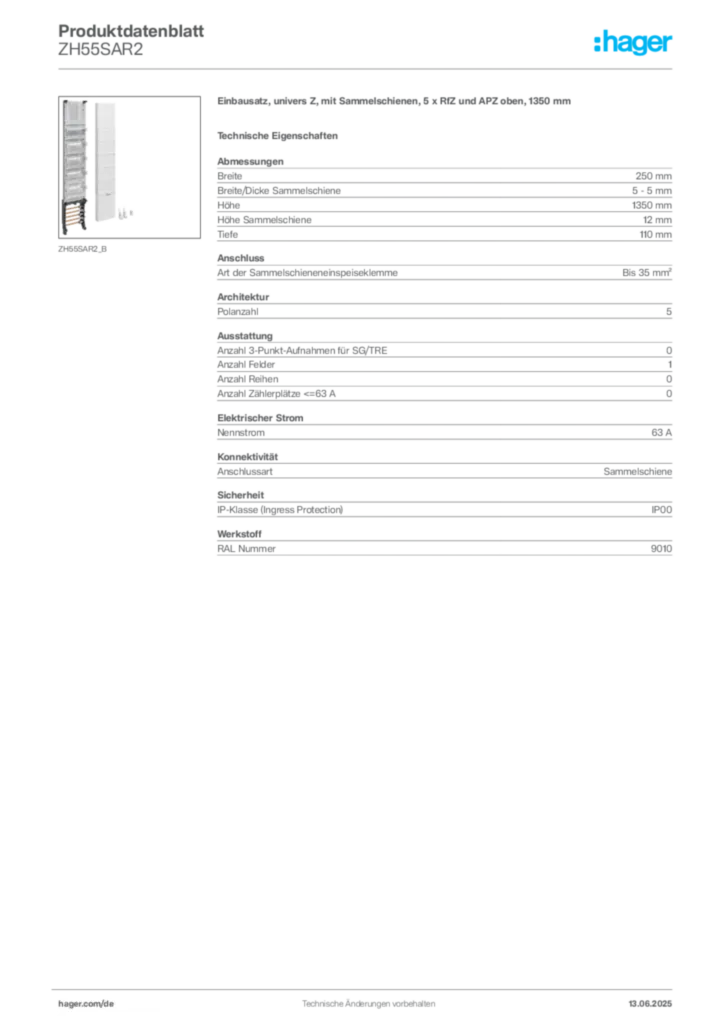 Hager Produktdatenblatt ZH55SAR2