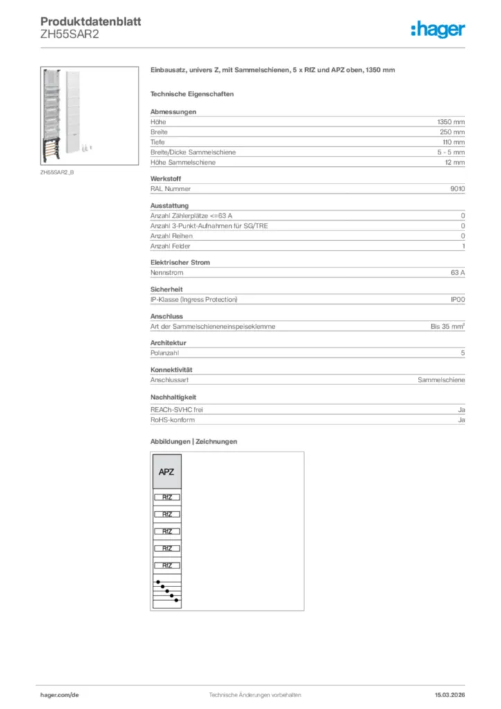 Bild Hager Produktdatenblatt ZH55SAR2 | Hager Deutschland