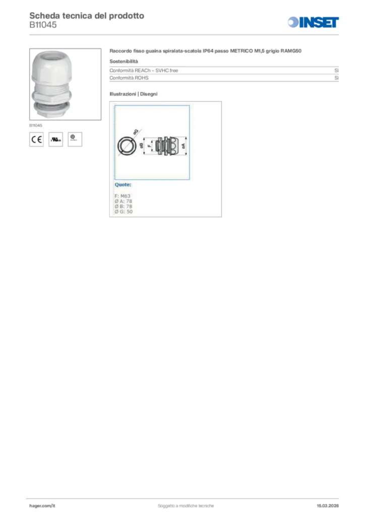 Immagine Inset Scheda tecnica del prodotto B11045 | Hager Italia