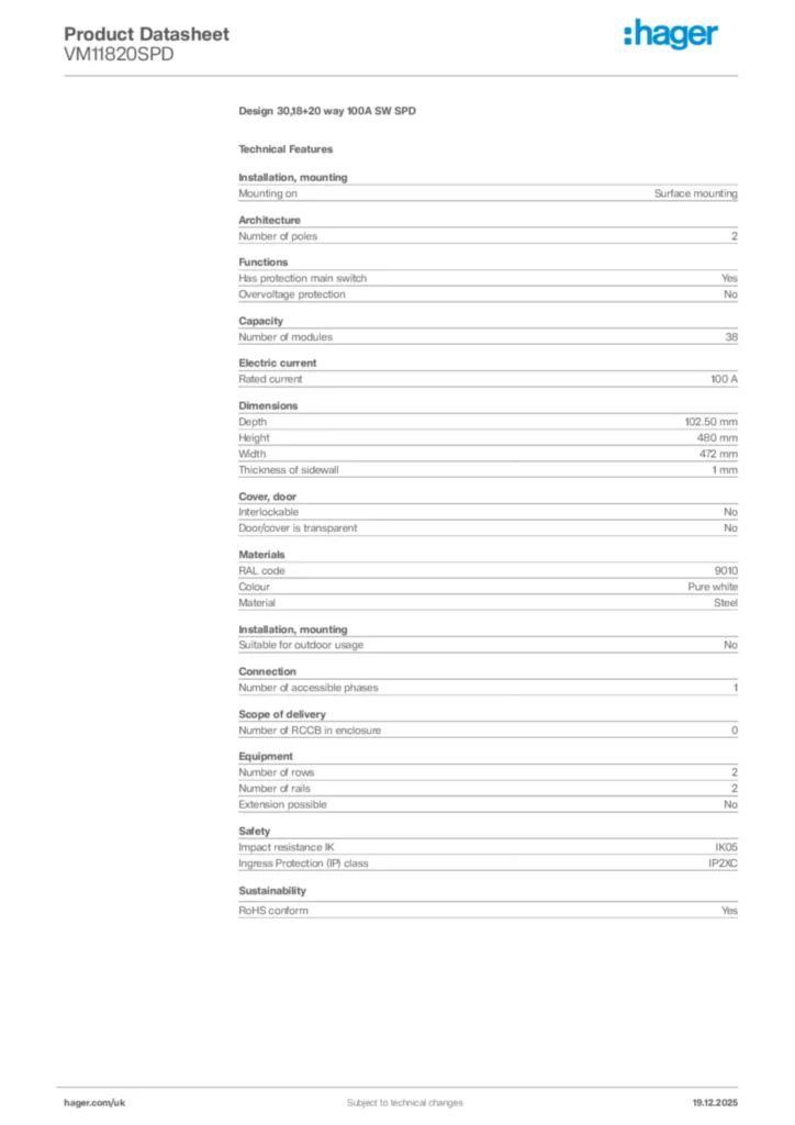 Image Hager Product data sheet VM11820SPD  | Hager