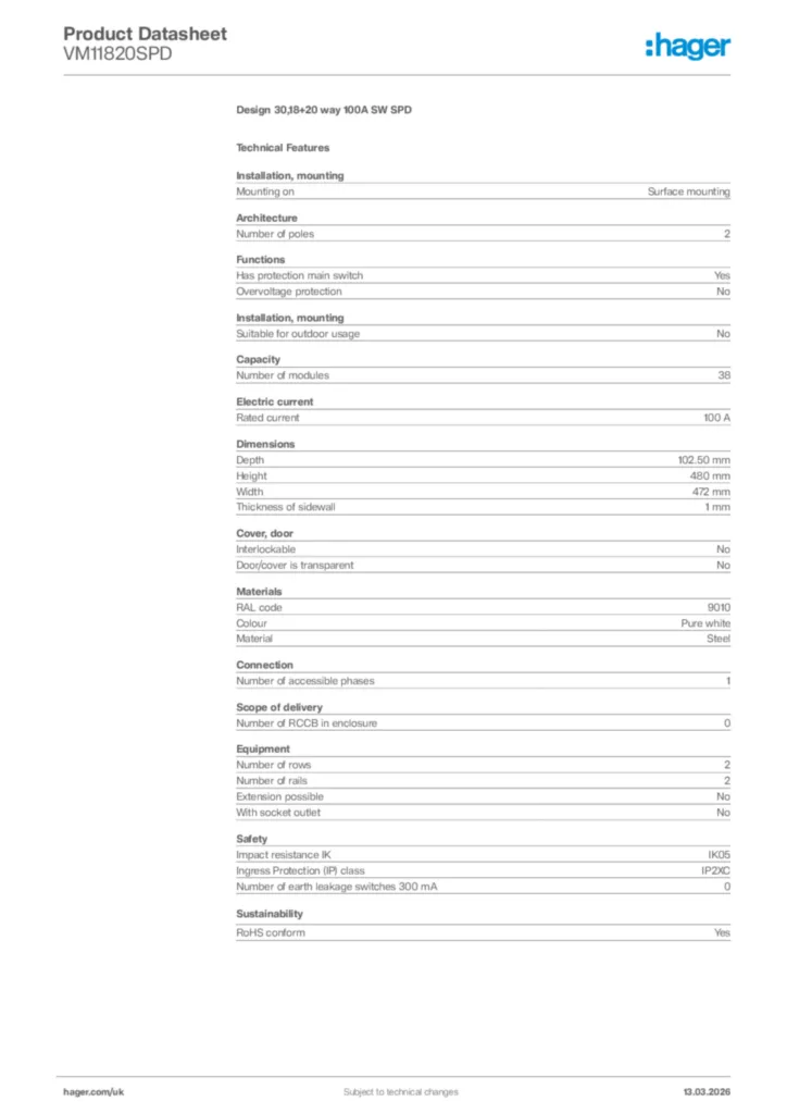 Image Hager Product data sheet VM11820SPD  | Hager
