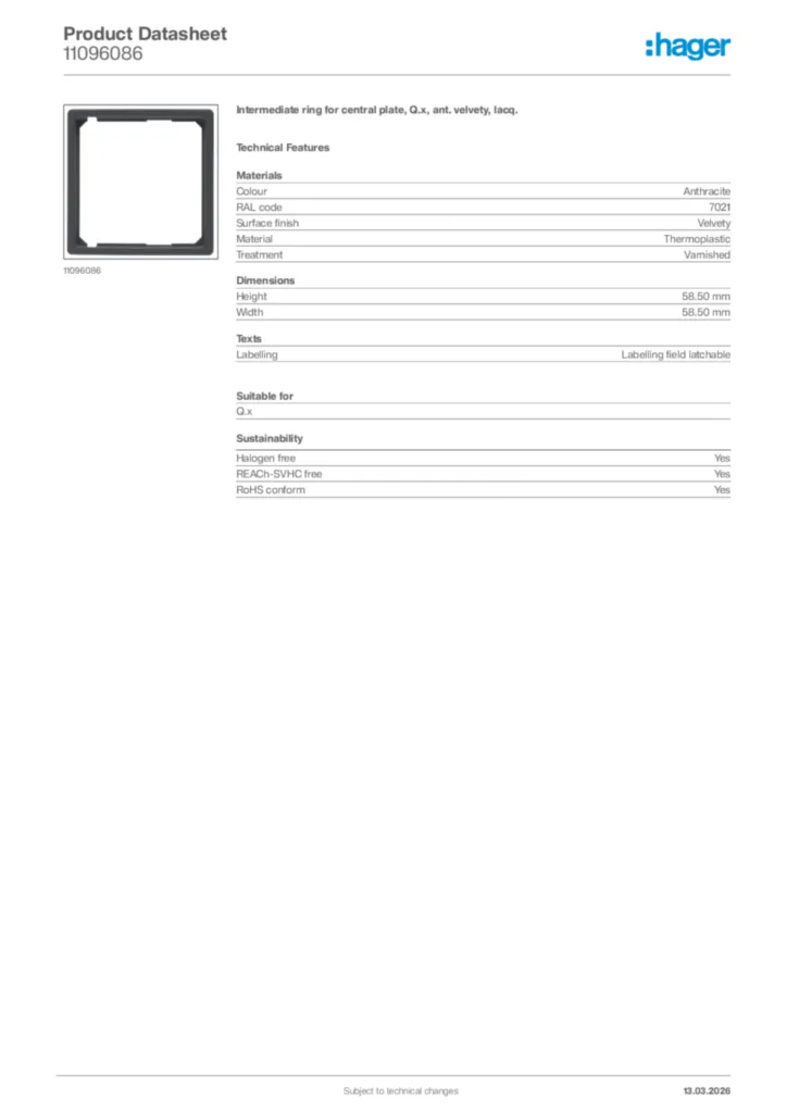 Image Hager Product data sheet 11096086  | Hager Africa