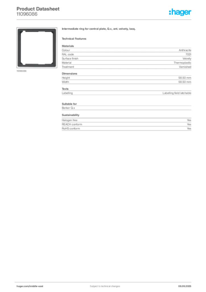Image Hager Product data sheet 11096086  | Hager