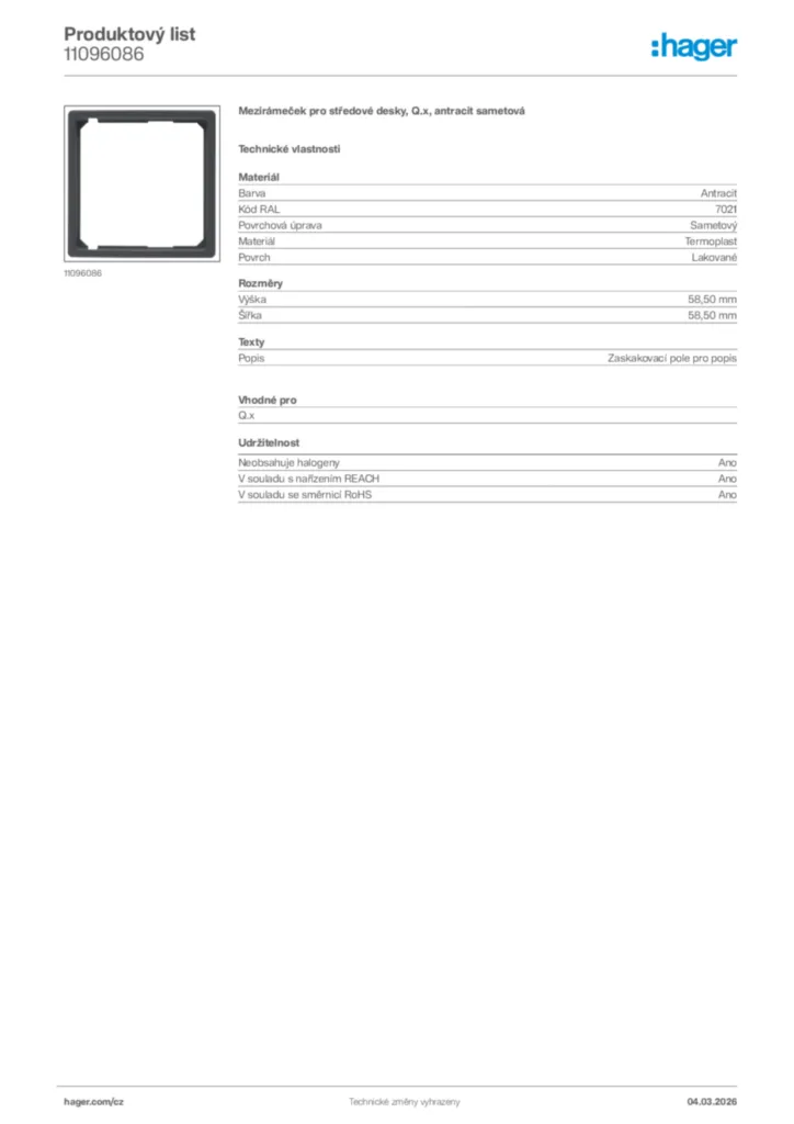 Obrázek Hager Product data sheet 11096086 | Hager