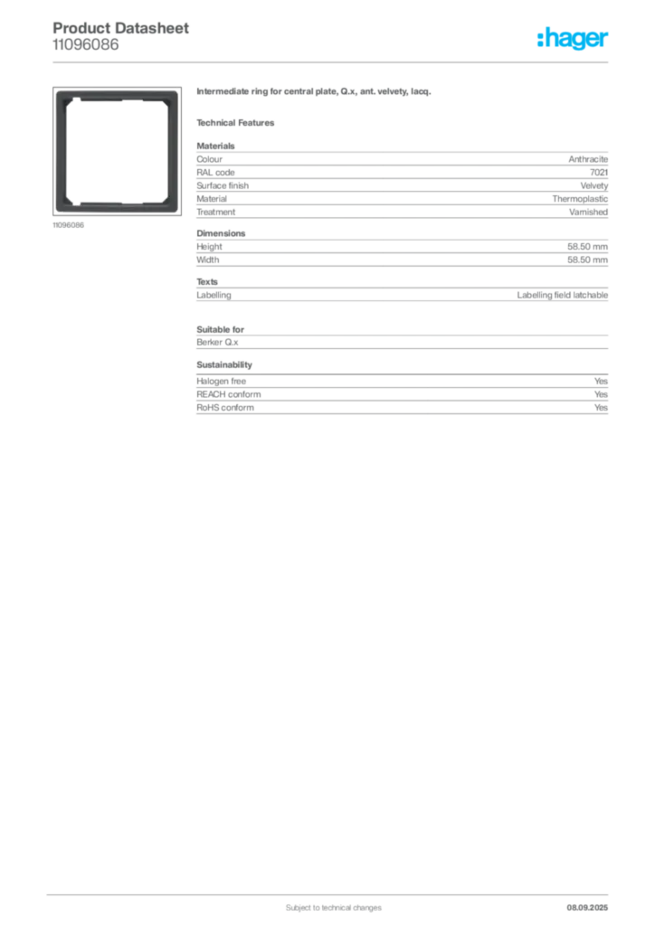 Image Hager Product data sheet 11096086  | Hager