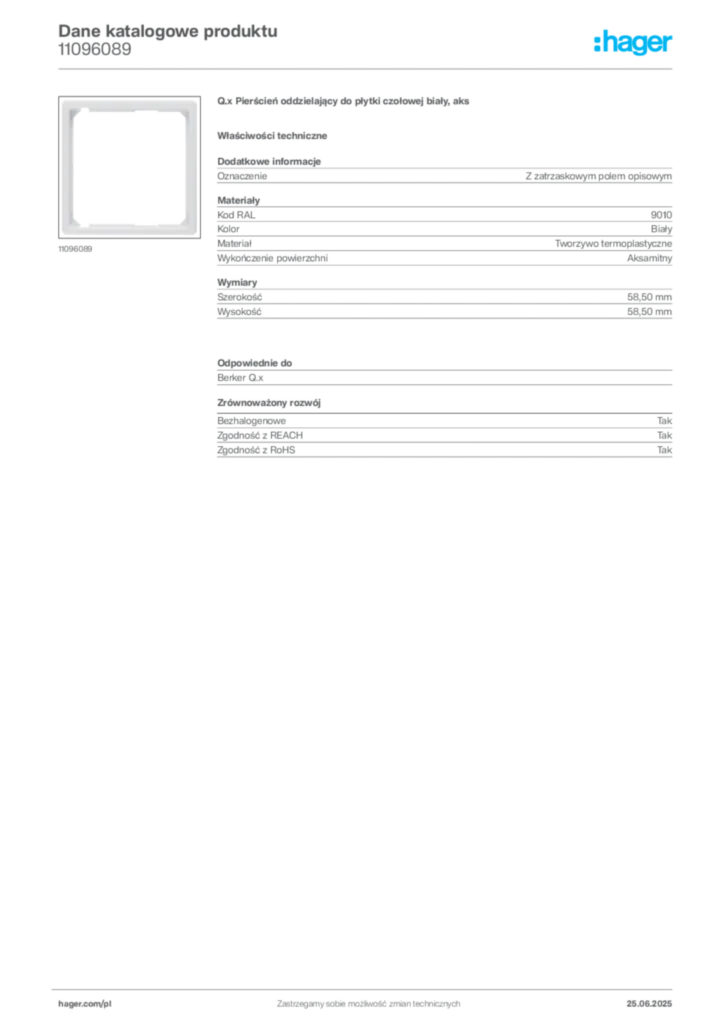 Zdjęcie Hager Karta katalogowa 11096089 | Hager Polska