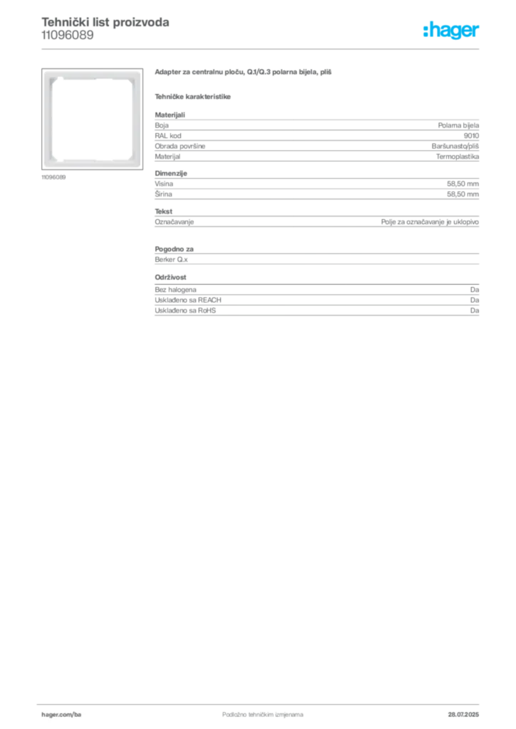 Slika Hager Product data sheet 11096089  | Hager