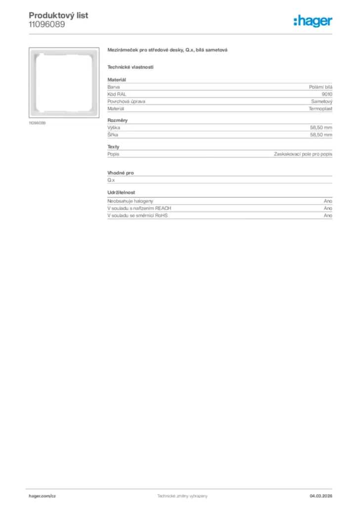 Obrázek Hager Product data sheet 11096089 | Hager