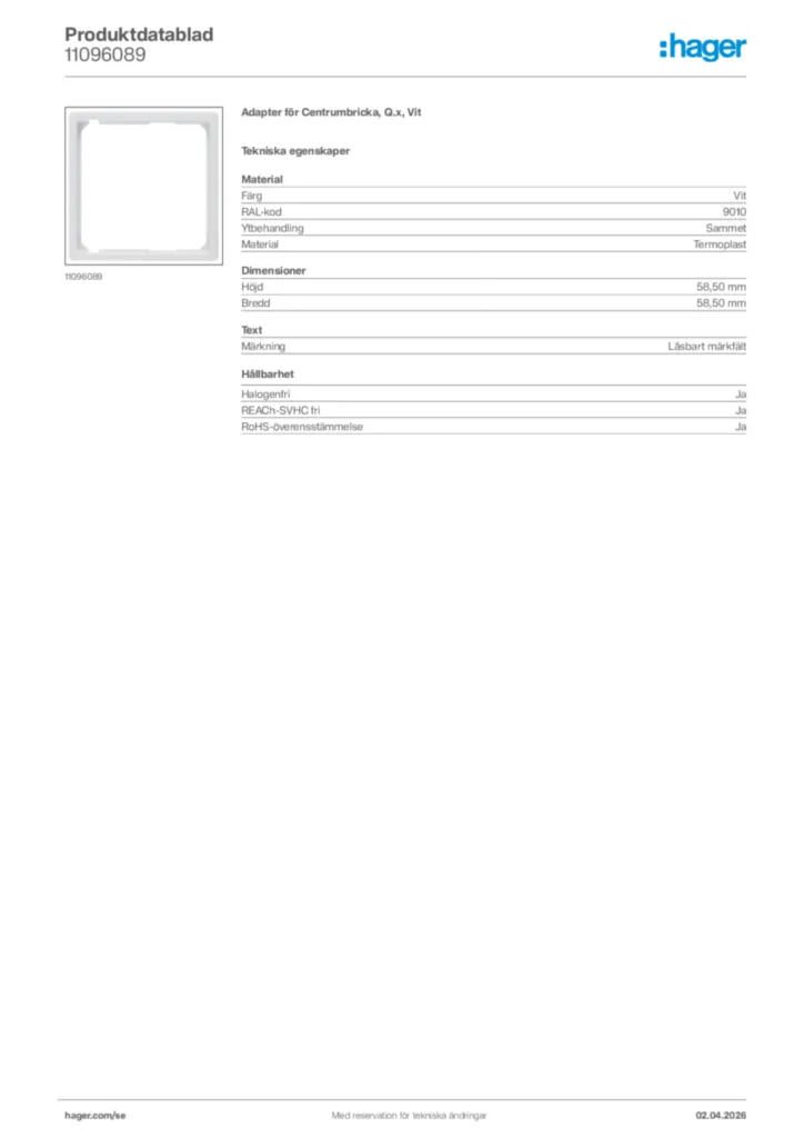 Bild Hager Produktdatablad 11096089 | Hager Sverige