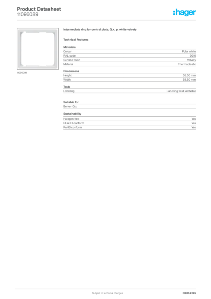 Image Hager Product data sheet 11096089  | Hager