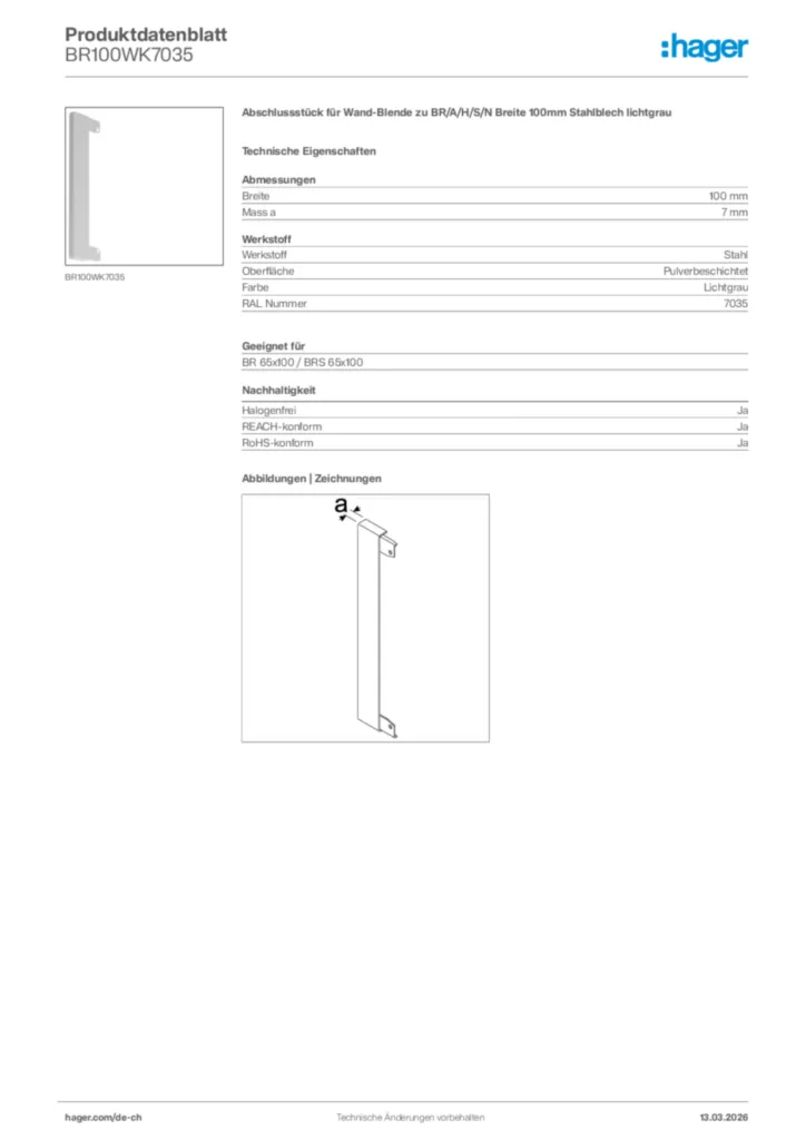 Bild Hager Produktdatenblatt BR100WK7035 | Hager Schweiz
