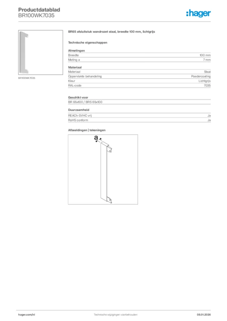 Afbeelding Hager Productdatablad BR100WK7035 | Hager Nederland