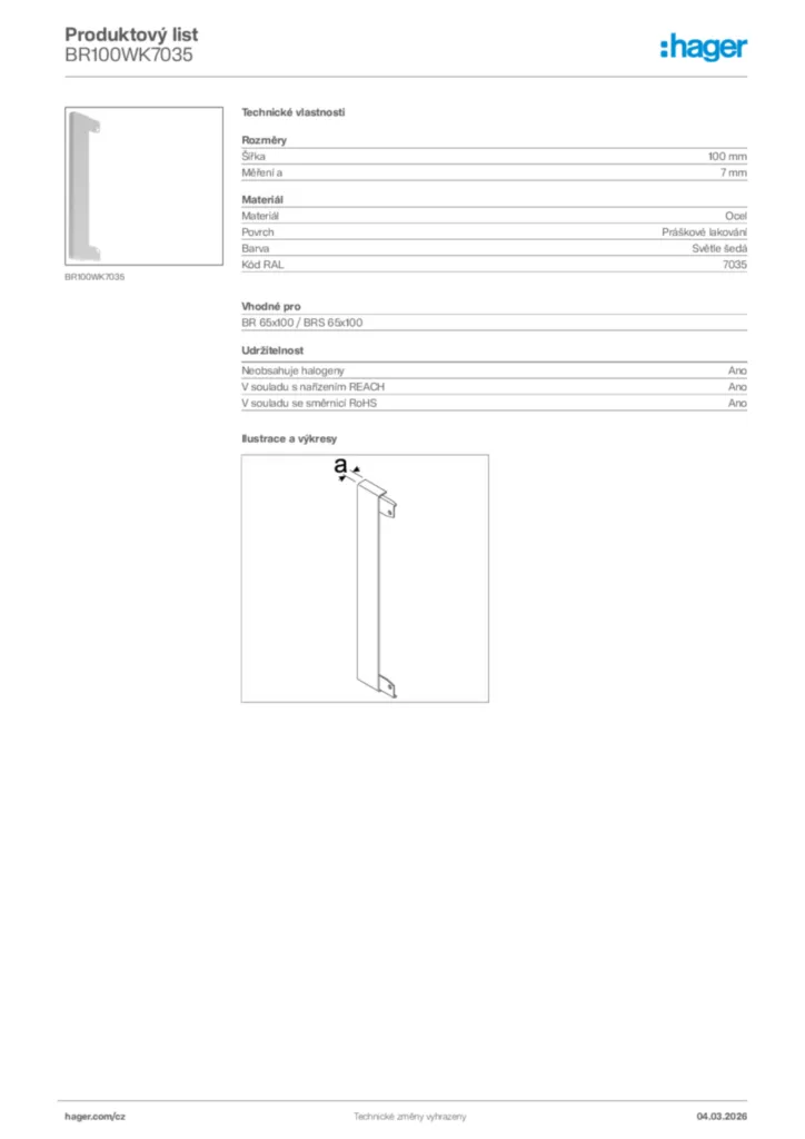Obrázek Hager Product data sheet BR100WK7035 | Hager
