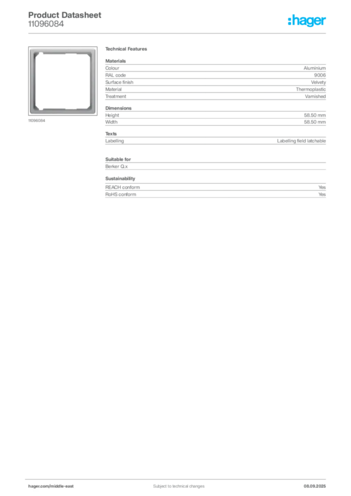 Image Hager Product data sheet 11096084  | Hager