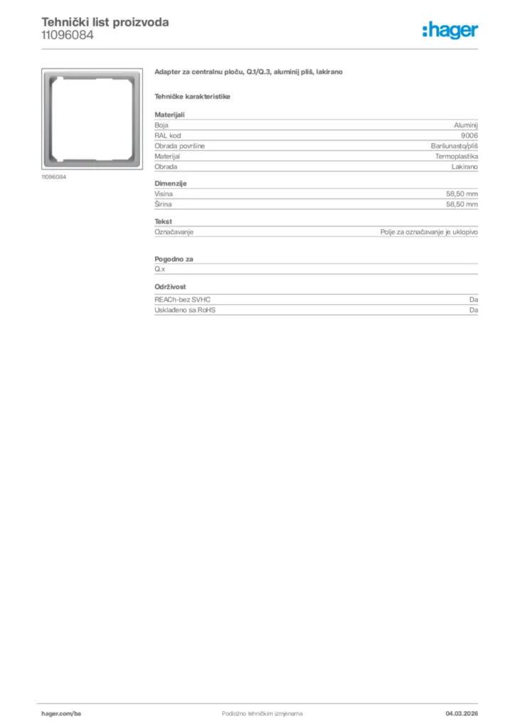 Slika Hager Tehnički list proizvoda 11096084  | Hager