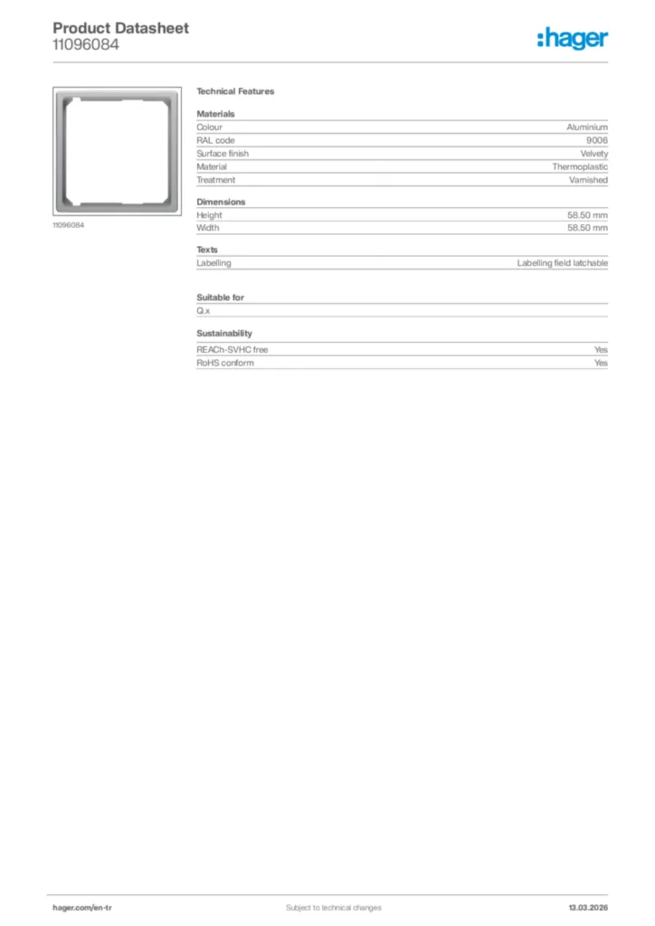 Image Hager Product data sheet 11096084  | Hager