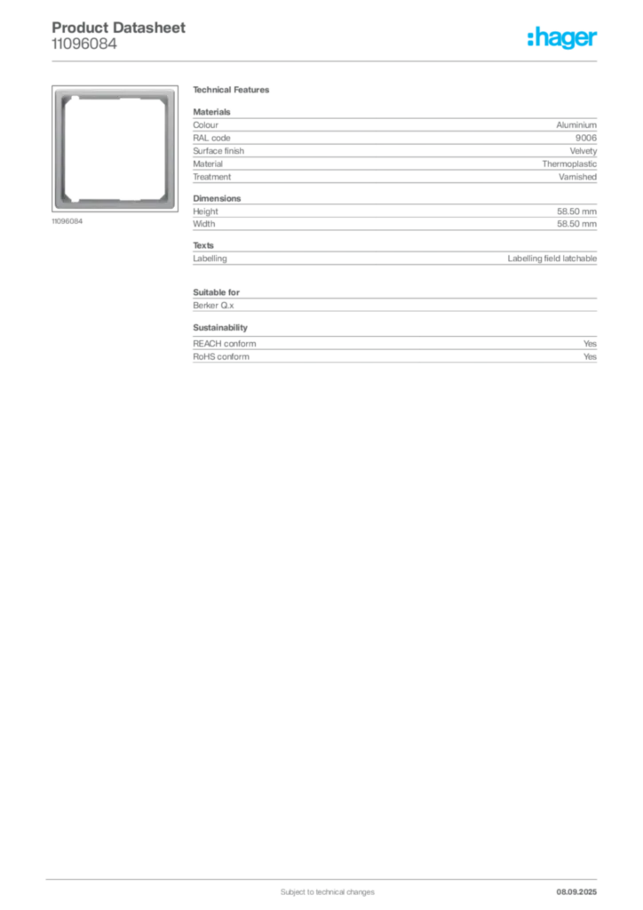 Image Hager Product data sheet 11096084  | Hager