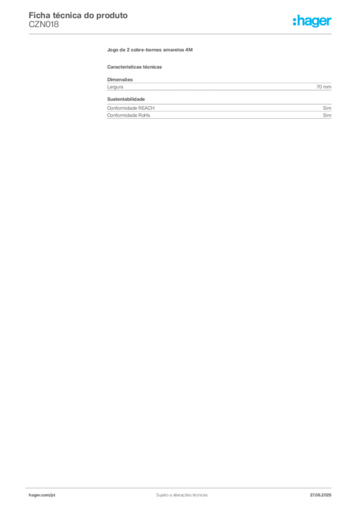 Imagem Hager Ficha técnica do produto CZN018 | Hager Portugal