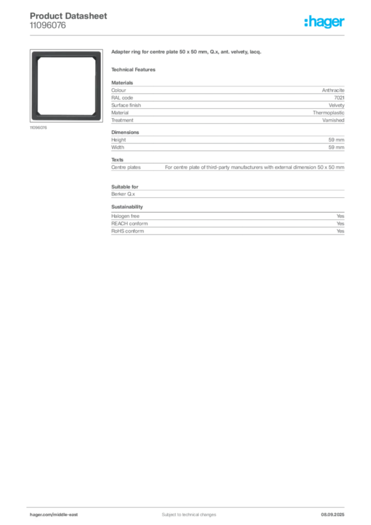 Image Hager Product data sheet 11096076  | Hager