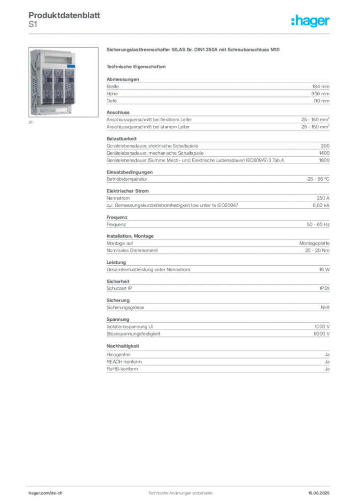 Bild Hager Produktdatenblatt S1 | Hager Schweiz