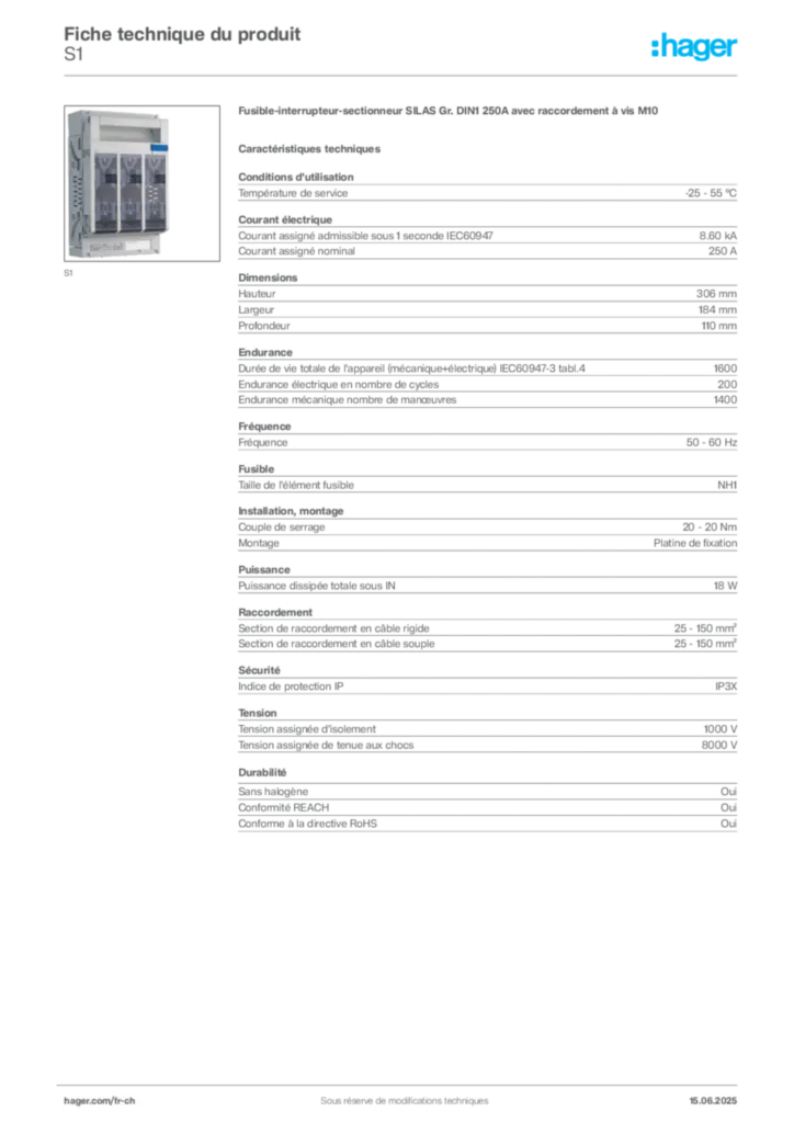 Image Hager Fiche technique du produit S1 | Hager Suisse