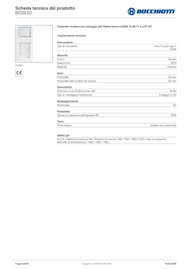 Immagine Bocchiotti Scheda tecnica del prodotto B02830 | Hager Italia