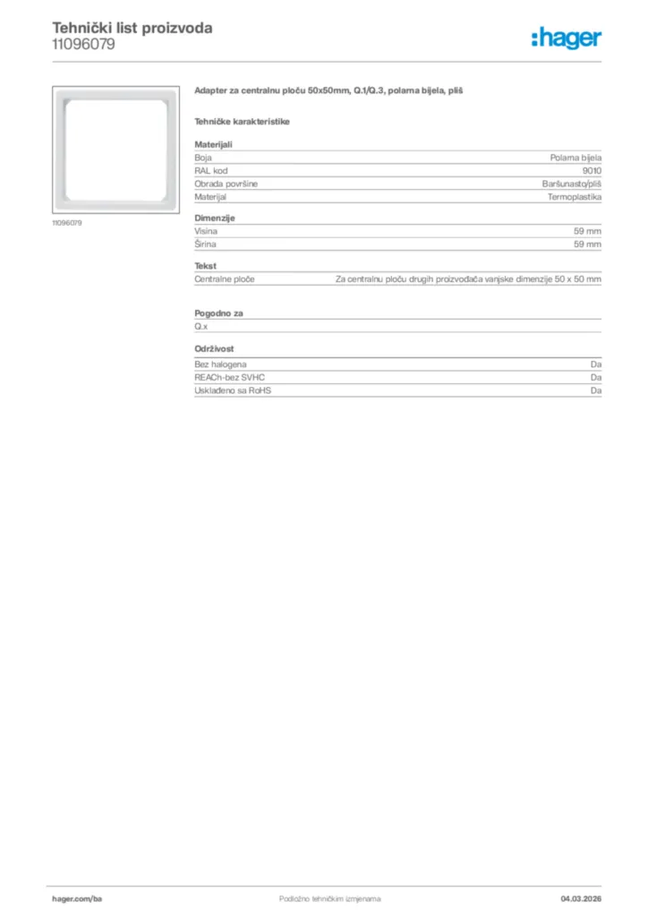 Slika Hager Tehnički list proizvoda 11096079  | Hager
