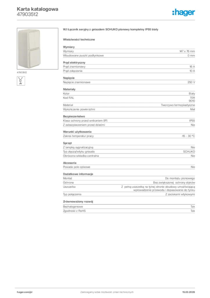 Zdjęcie Hager Karta katalogowa 47903512 | Hager Polska