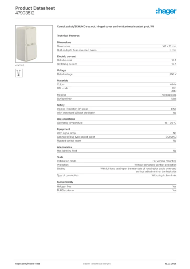 Image Hager Product data sheet 47903512  | Hager
