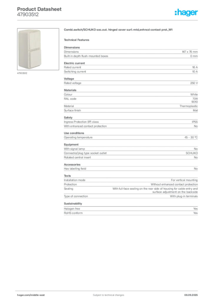 Image Hager Product data sheet 47903512  | Hager