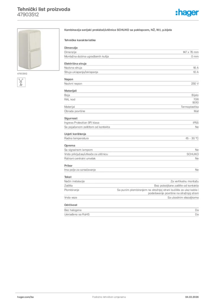Slika Hager Tehnički list proizvoda 47903512  | Hager
