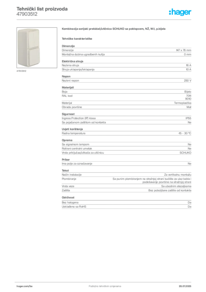 Slika Hager Product data sheet 47903512  | Hager
