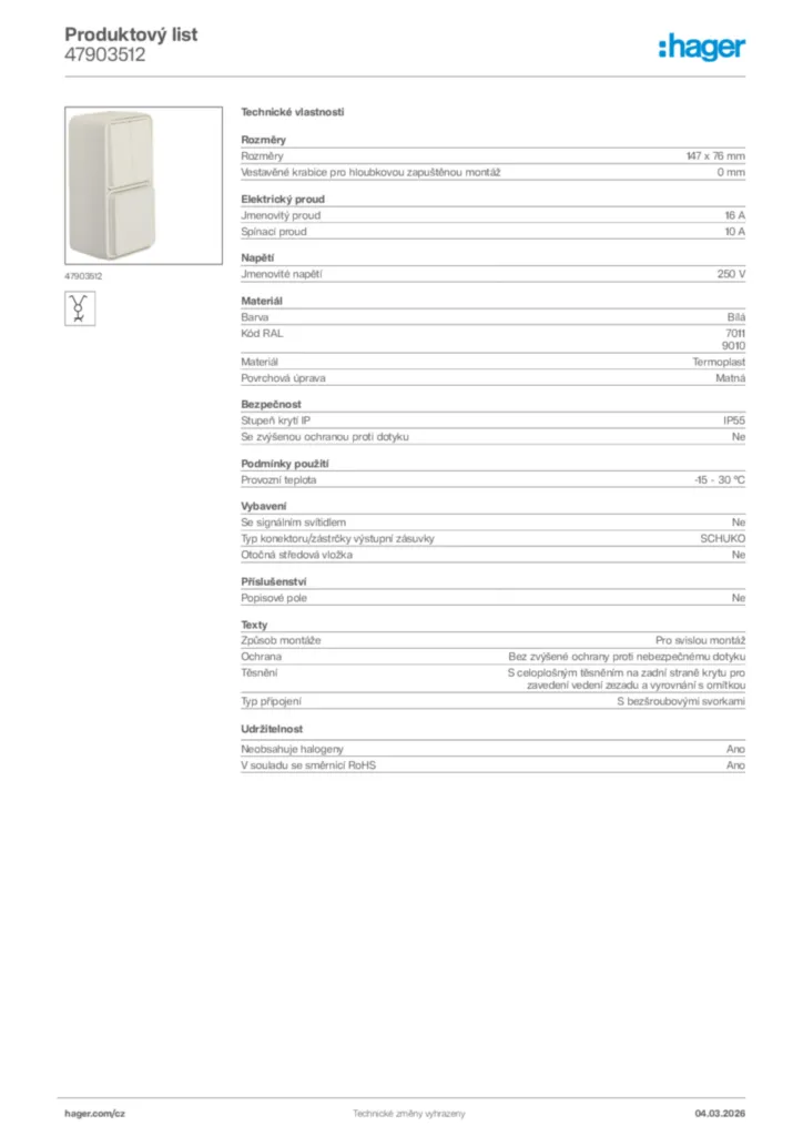 Obrázek Hager Product data sheet 47903512 | Hager
