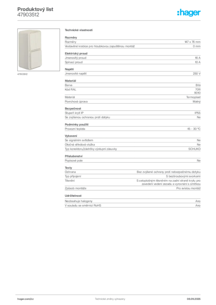 Obrázek Hager Produktový list 47903512 | Hager