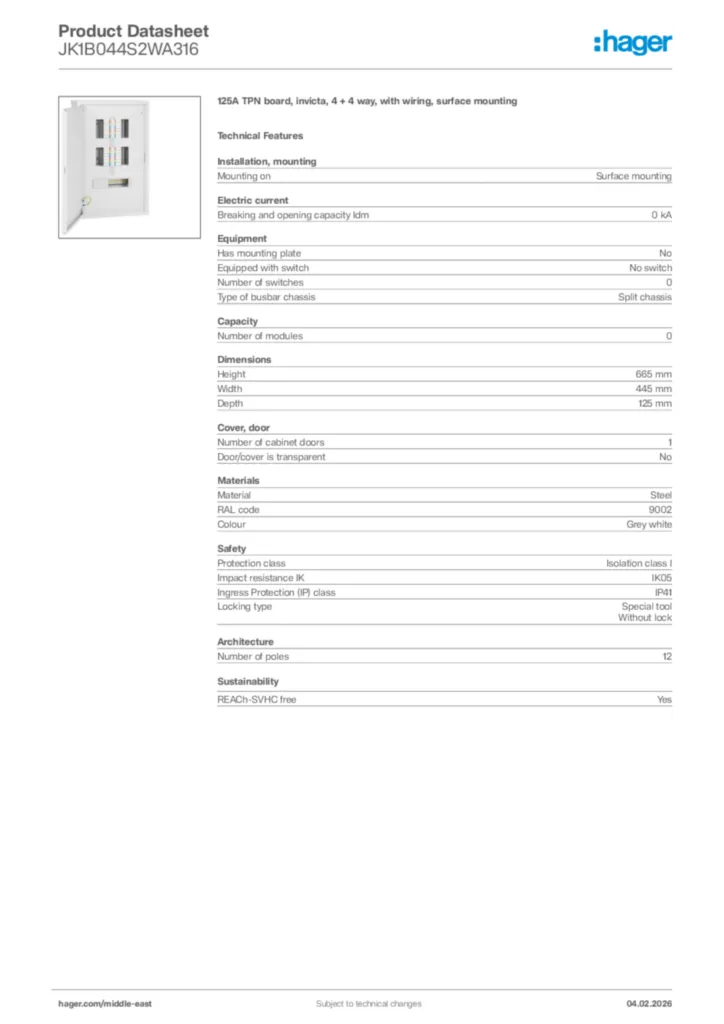 Image Hager Product data sheet JK1B044S2WA316  | Hager