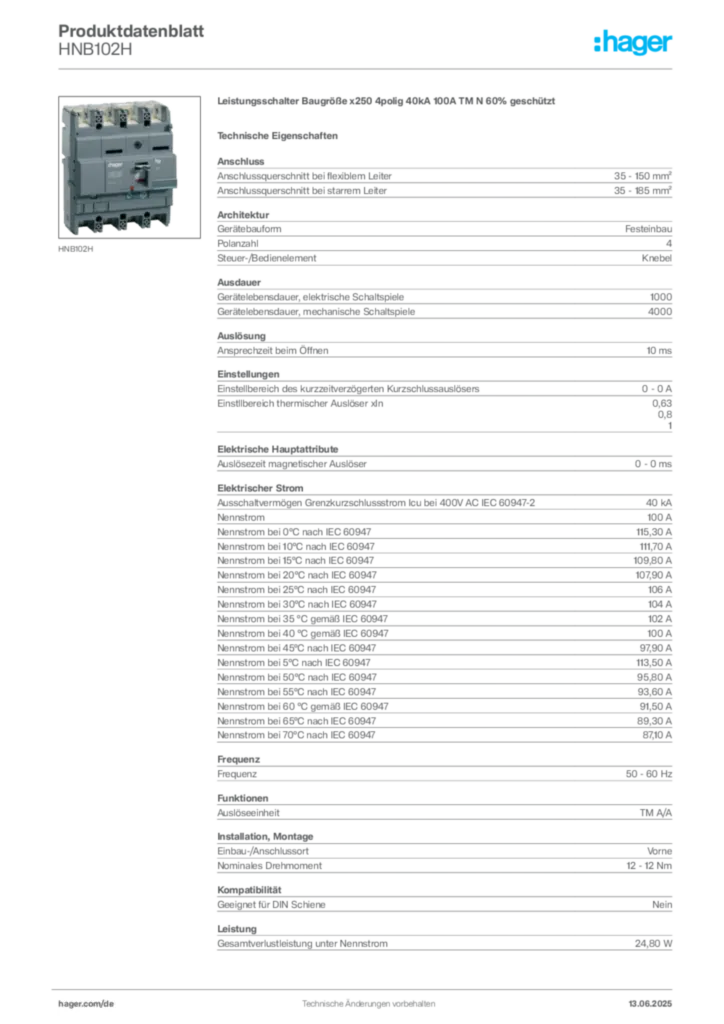 Bild Hager Produktdatenblatt HNB102H | Hager Deutschland