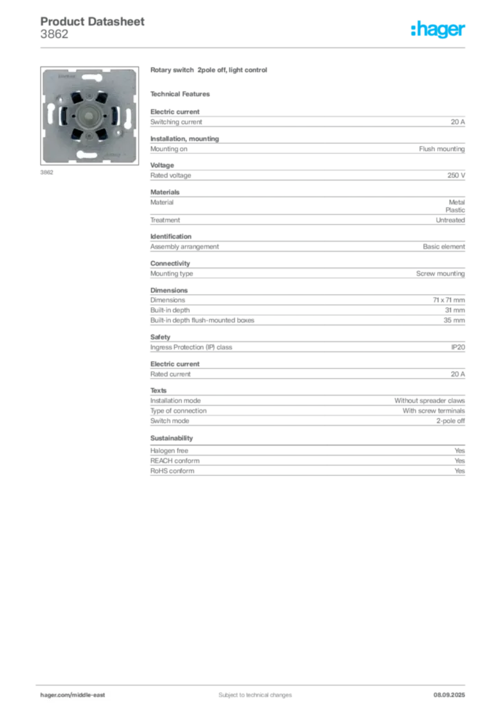 Image Hager Product data sheet 3862  | Hager