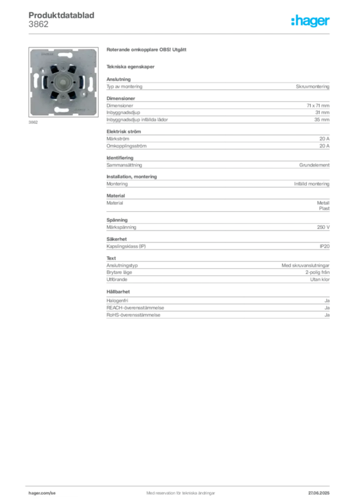 Bild Hager Produktdatablad 3862 | Hager Sverige