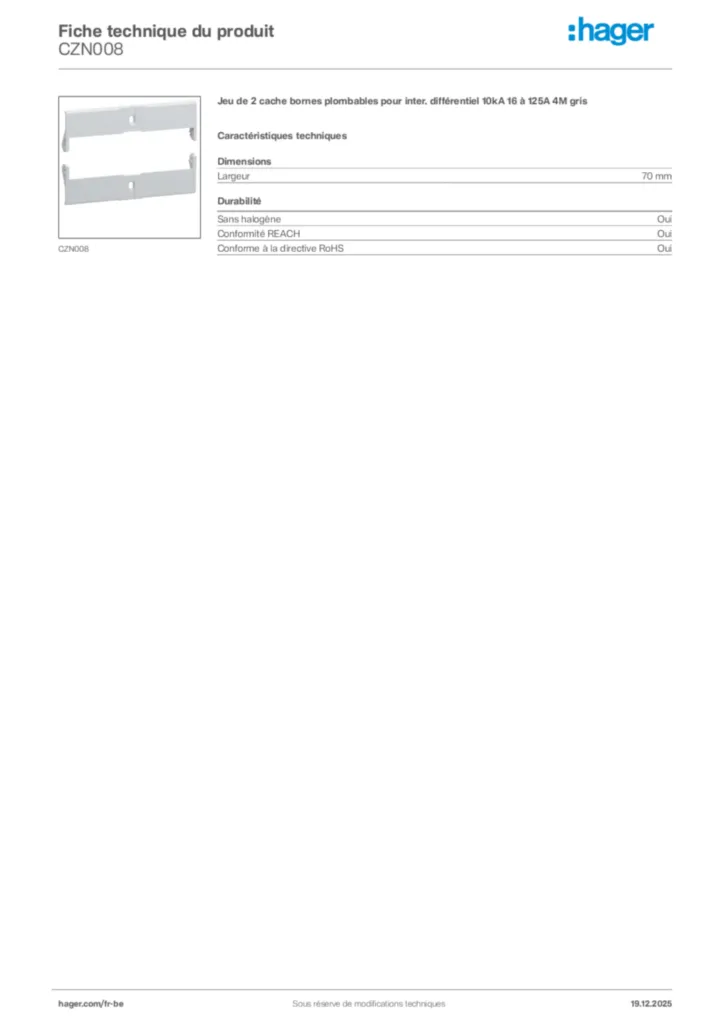 Image Hager Fiche technique du produit CZN008 | Hager Belgique
