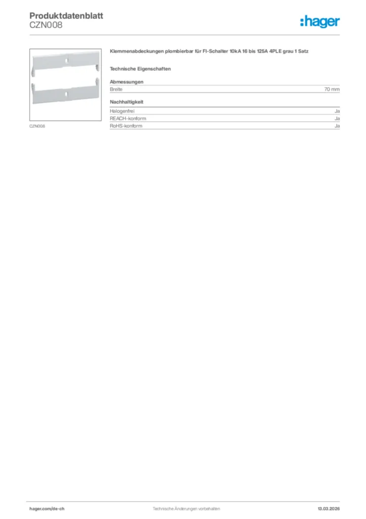 Bild Hager Produktdatenblatt CZN008 | Hager Schweiz